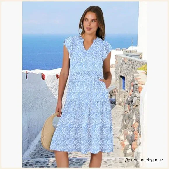 Ruffle Sleeve V-Neck Midi Dress, Flowy Tiered Boho Casual Sundress - Picture 4 of 7